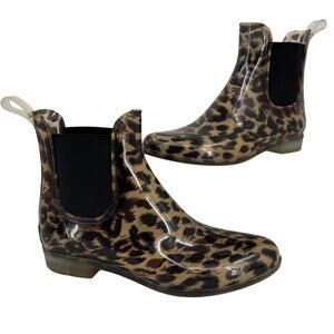J Crew Rain Boots Size 8 Leopard Print Pull On Rubber Chelsea Waterproof Bootie